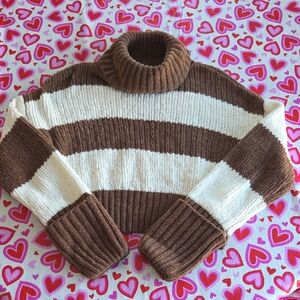 Pink Rose Cozy Brown and Cream Turtleneck Sweater